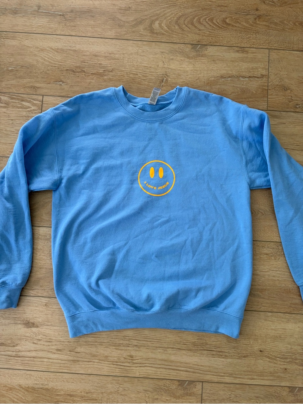I Love Jesus Gildan Sky Blue Crewneck Sweatshirt with Yellow Smiley